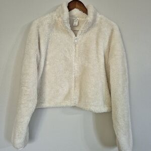 Offline By Aerie Cozy Fluffy Teddy Crop Sweater Full Zip Adjustable Waist Lar…